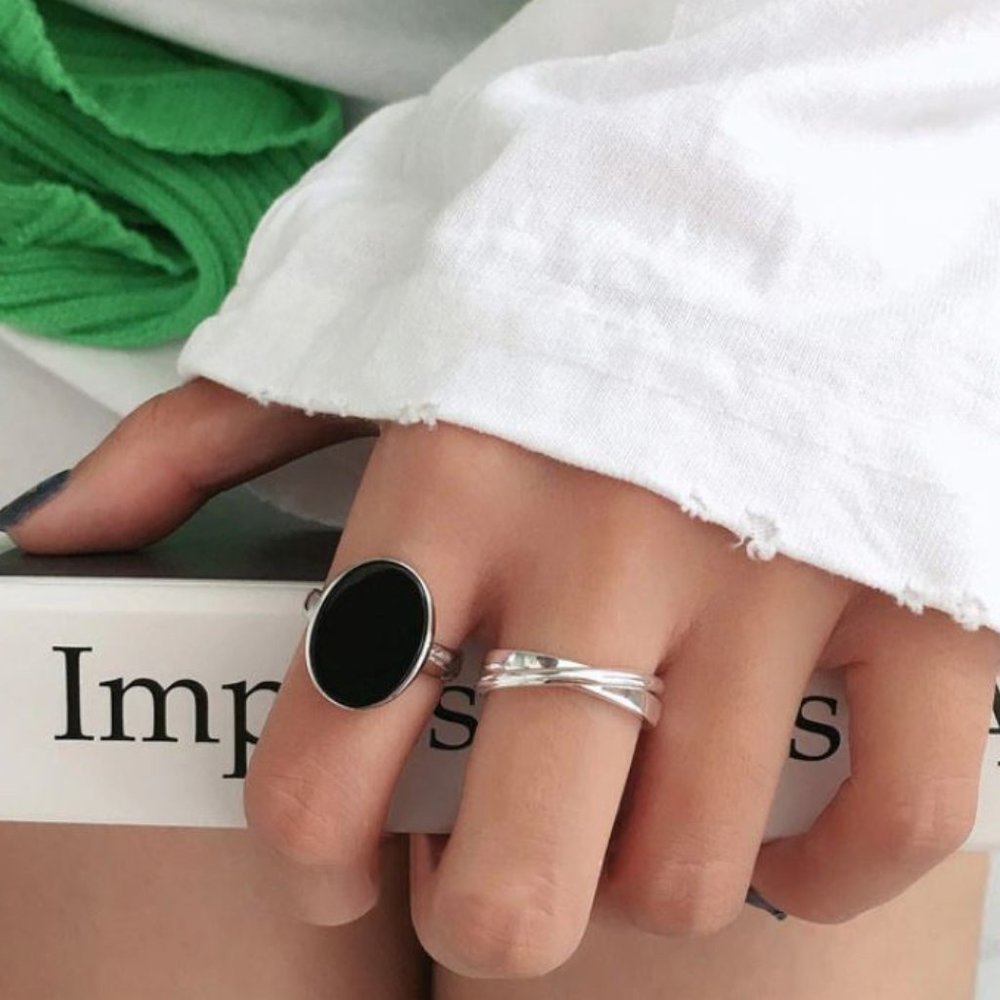 Minimalist Sterling Silver Black Oval Ring